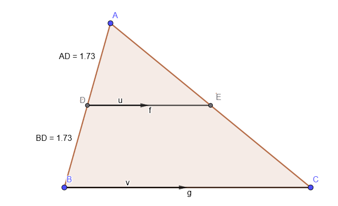 <p>[TRIANGLES] The line drawn from the midpoint of one side of a triangle, parallel to another side, bisects the third side. (i.e. Given image - Given AD = AB and DE is parallel to BC, prove AE = EC)</p>