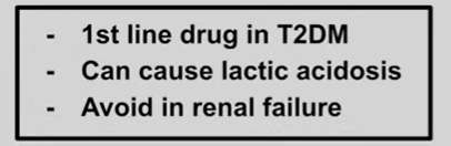<p>MOA = inhibits hepatic gluconeogenesis<br>also causes B12 deficiency<br><br>METformin = METabolic acidosis</p>