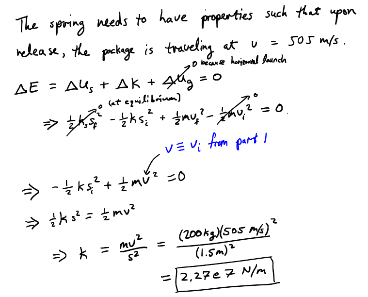 <p>delta E = 0, include delta K,U_gravity ,and U_spring, then single out k on one side.</p>