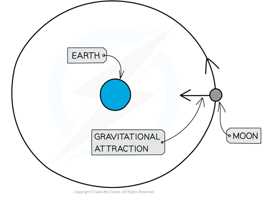 <ol><li><p>always acts <strong>towards the centre</strong> of the larger body</p></li><li><p>causes the orbiting body to move in a <strong>circular path</strong></p></li></ol><p></p>