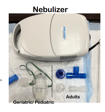 <ul><li><p>Assemble nebulizer kit</p><p></p></li><li><p>Add medication into container</p><p></p></li><li><p>Attach top of nebulizer and hand to pt</p><p></p></li><li><p>Have pt seated securely in upright position</p><p></p></li><li><p>Instruct the pt to inhale aerosol normally-taking a deeper breath during every other breath</p><p></p></li><li><p>Inform patients of possible lightheadedness and tell them to turn off the machine if this happens.</p></li></ul><p></p>