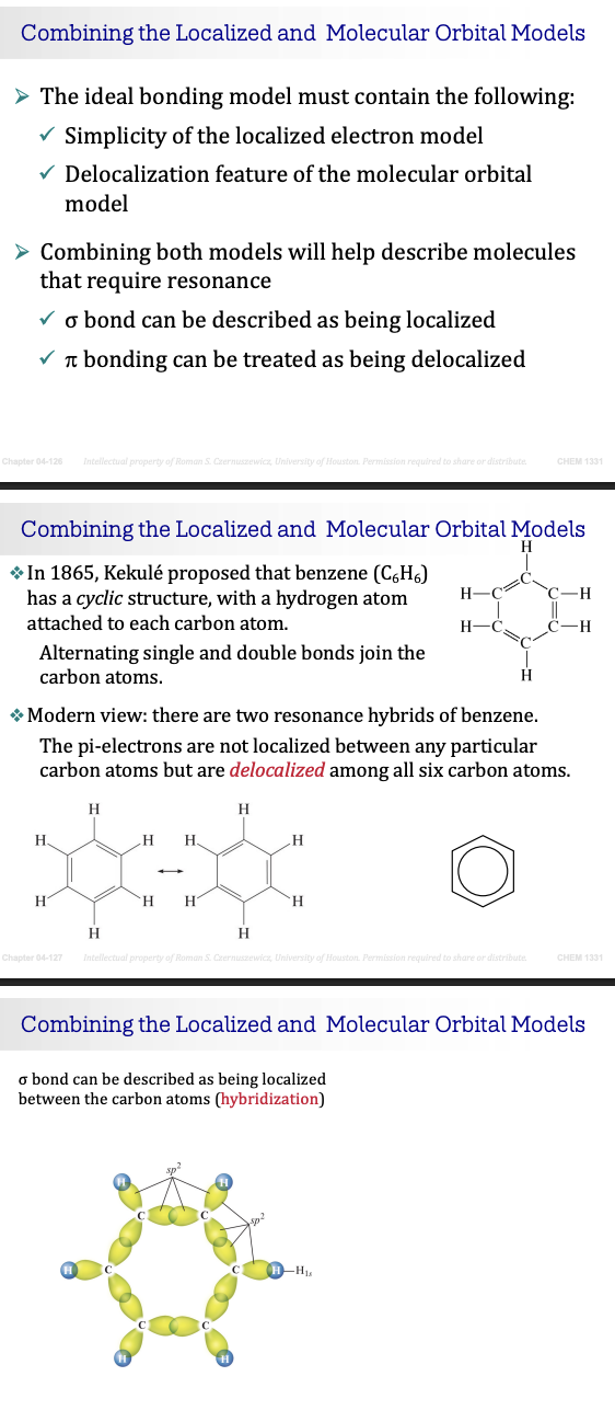 <p><span><strong>What Does the π Cloud Look Like?</strong></span></p><p>The six p orbitals overlap above and below the flat benzene ring.</p><p>This creates one continuous cloud of electrons.</p><p>Think of it as:</p><p>A "donut-shaped" electron cloud surrounding the ring.</p><p>The electrons are free to move around the ring instead of being trapped between two carbons.</p><p>&nbsp;</p><p><span><strong>Why Is Benzene So Stable?</strong></span></p><p>Because the π electrons are delocalized,</p><p>their energy is lowered.</p><p>Lower energy means:</p><ul><li><p><span>Greater stability</span></p></li><li><p><span>Stronger overall bonding</span></p></li><li><p><span>Less reactive than expected</span></p></li></ul><p>This extra stability is called <span><strong>resonance stabilization</strong></span> (or aromatic stabilization in more advanced chemistry).</p><p>&nbsp;</p><p>&nbsp;</p>