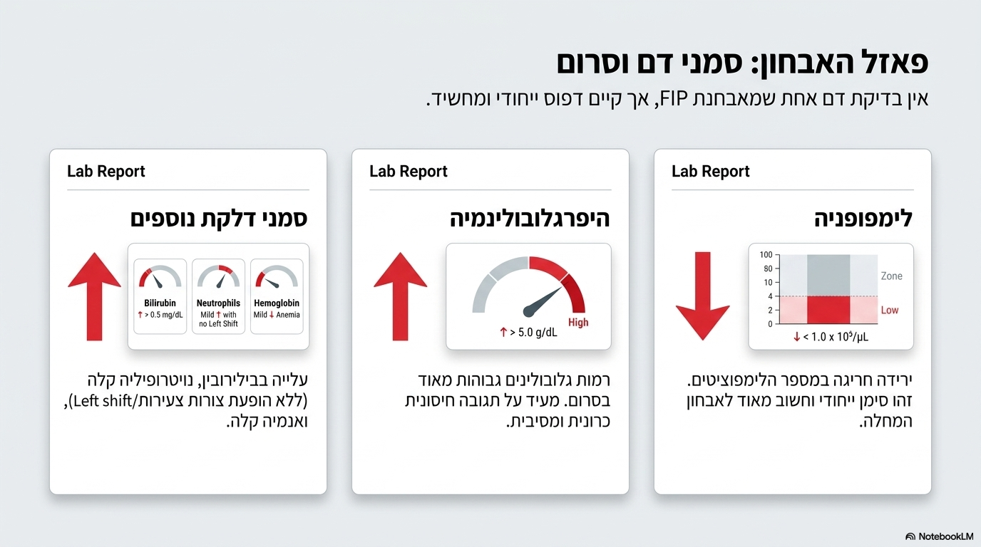 <ul><li><p><strong>ספירת דם</strong>: מציגה סימנים של זיהום סיסטמי (נויטרופיליה עם צורות צעירות) לצד סימן ייחודי של <strong>ירידה בלימפוציטים (לימפופניה)</strong>.</p></li><li><p><strong>בדיקה ביוכימית</strong>: עלייה ברמת הבילירובין וסימן ייחודי למדי של <strong>גלובולינים גבוהים בדם</strong>.</p></li><li><p><strong>נוזל החללים באף.איי.פי.</strong>: מוגדר כאקסודט סטרילי בעל צבע צהוב, המאופיין ב<strong>כמות חלבון רבה מאוד</strong> ובכמות תאים גבוהה</p></li></ul><p></p>