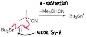 <p>It is a good hydrogen atom source for radical chemistry due to the weak Sn-H bond.</p><ul><li><p>It can react with the AIBN radical in a H-abstraction to form a tin radical, this is good at doing halogen atom abstractions, forming strong Sn-X bonds.</p></li></ul><p></p>