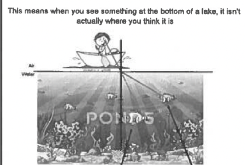 <p>If you appear to see the largest fish in the pond, which one are you actually looking at due to refraction?</p>