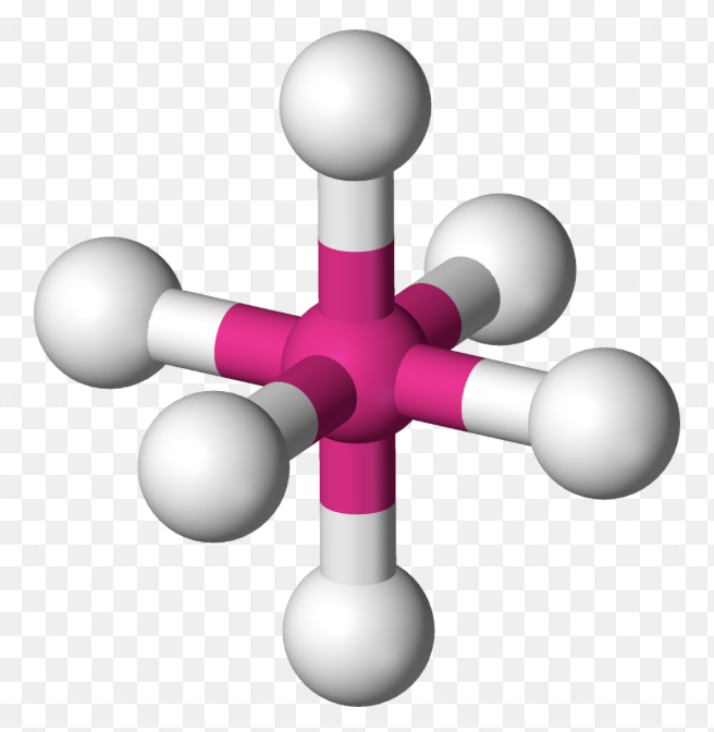 <p>6 sigma bonds, 0 lone pairs</p><p>Bond Angles: 90 degrees</p>