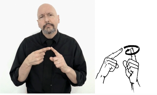 <p>non dom pf stays still pointing up and dom pointer finger points at nd, moves in circle around it, and ends by pointing at it again</p>