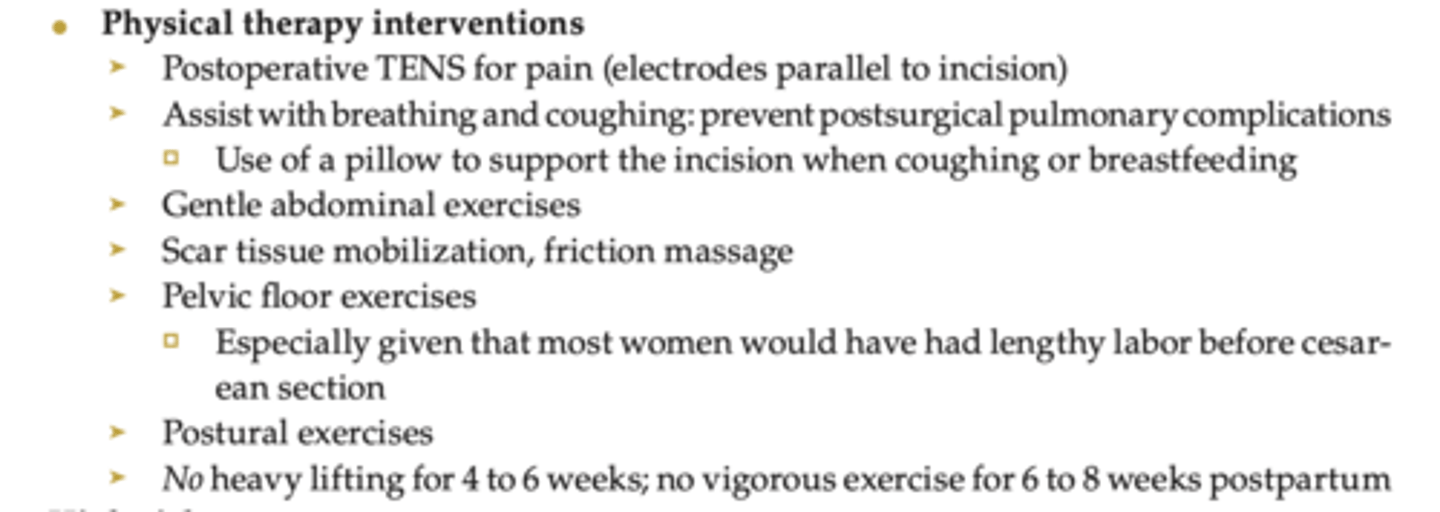 <p>● 1 to 3 days post: breathing exercises, coughing or huffing to loosen phlegm, and pelvic floor exercises</p><p>● Later: gentle partial sit-ups and head lifts, low-intensity aerobic exercises, pelvic tilts in quadruped position</p>