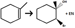<p>Adds anti. +/-</p><p>OH adds markovnikov.</p><p>Can add syn when tertiary carbocation.</p>