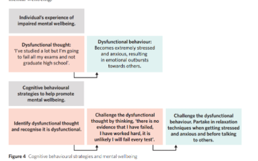 <ul><li><p><span><strong>Cognitive behavioural strategies:</strong> techniques that utilise traits of cognitive behavioural therapy, particularly recognising and changing dysfunctional thought and behavioural patterns</span></p></li><li><p><span><strong>Mindfulness meditation:</strong> type of meditation, encourages an individual to pay attention to the present moment (current feelings, thoughts, and surroundings, without judgement).</span></p></li></ul><p><span style="font-family: Aptos, sans-serif;">Cognitive behavioural therapy involves a cognitive and a behavioural component. It involves strategies that focus on the ways in which people think, which often then influences their behaviour. </span></p><p><span style="font-family: Aptos, sans-serif;">The cognitive component involves: </span></p><p><span>·</span><span style="font-family: "Times New Roman"; line-height: normal; font-size: 7pt;"> </span><span style="font-family: Aptos, sans-serif;">identifying dysfunctional feelings and thoughts<br>(cognitions) about the issue.</span></p><p><span>·</span><span style="font-family: "Times New Roman"; line-height: normal; font-size: 7pt;"> </span><span style="font-family: Aptos, sans-serif;">replacing these dysfunctional feelings and thoughts with<br>more functional ones. </span></p><p><span style="font-family: Aptos, sans-serif;">The behavioural component involves: </span></p><p><span>·</span><span style="font-family: "Times New Roman"; line-height: normal; font-size: 7pt;"> </span><span style="font-family: Aptos, sans-serif;">identifying dysfunctional behaviours relating to the<br>issue. </span></p><p><span>·</span><span style="font-family: "Times New Roman"; line-height: normal; font-size: 7pt;"> </span><span style="font-family: Aptos, sans-serif;">developing and maintaining more functional behaviours<br>relating to the issue. </span></p><p><span>Mindfulness meditation=setting aside some time in day to observe present moment, suspend judgements, and focus on something calm and peaceful. This could be a mindfulness meditation that focuses on breathing, an awareness of the body or being in a calm place such as by the beach.</span></p><p class="MsoNormal"><span> </span></p><p class="MsoNormal"><span>Mindfulness meditation can: improve emotional reactivity, reduce the likelihood of rumination (repeatedly considering negative thoughts), reduce stress, improve memory. </span></p><p class="MsoNormal"><span> </span></p><p class="MsoNormal"><span>Specific type of meditation that encourages an individual to pay attention to the present moment (current feelings, thoughts, and surroundings). Additionally, mindfulness meditation requires an individual to observe their present experience with kindness and without judgement. Mindfulness meditation can be practised by sitting comfortably and focusing attention on your senses.</span></p>