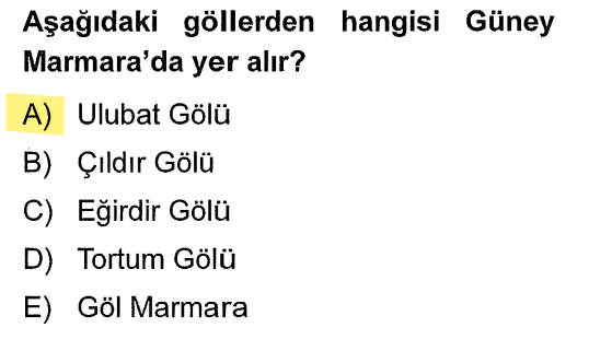 <p>Ulubat, Manyas, İznik ve Sapanca Güney Marmara'nın <strong>tektonik</strong> gölleridir. Çıldır (Ardahan), Eğirdir (Isparta), Tortum (Erzurum) uzaklardadır.</p>