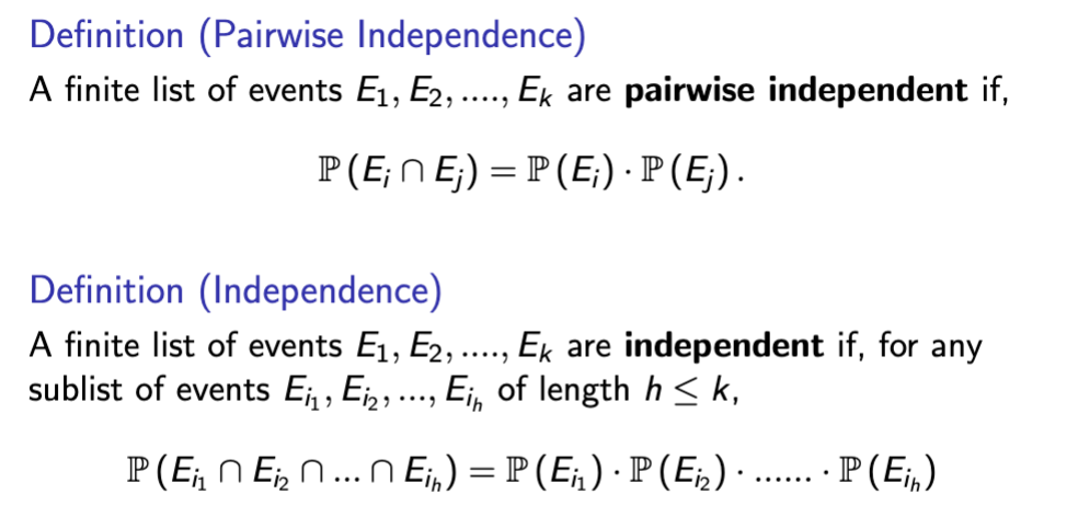 <p><span>Pairwise independence means any two events in a collection are independent, while mutual (or collective) independence requires that </span><strong><em>all</em></strong><span> events are independent jointly</span></p><p><span>mutual independence implies pairwise dependence among all items in the group, but not vice versa. </span></p>