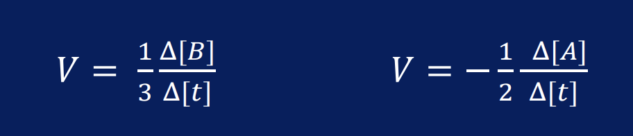 <p>Suponemoes que 2 mol del reactivo A desaparecen para formar 3 mol del producto B:</p><p></p><p>2A→3B</p>