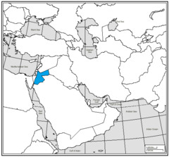 <p>east of Israel and North of Saudi Arabia</p>
