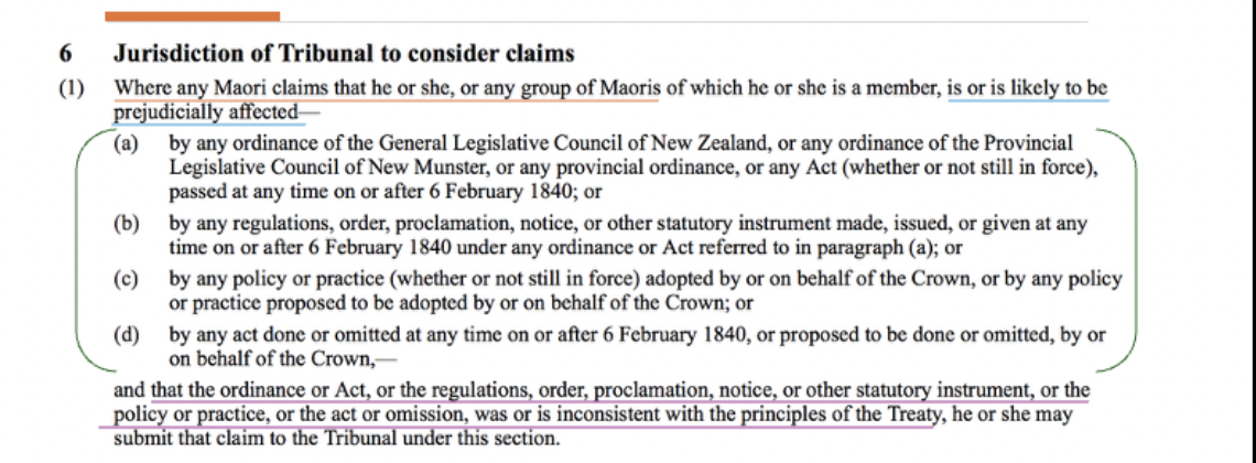 <ul><li><p><span>Submitted by Māori individual regarding a potential action or inaction by the Crown/state</span></p></li><li><p><span>Where any Māori claims that or any group of Māori -> not Māori you can't make a complaint -> must be of Māori descent.</span></p></li><li><p><span>Even if you are Māori -> need to be apart of the iwi or hapu (group) to complain on their behalf.</span></p></li><li><p><span>Can be predicted or possible prejudicially affect, or already happened prejudicial affects (already happened is easier to prove)</span></p></li><li><p><span>What are the acts by the crown which can be the subject of the claim; Wide range.</span></p><ul><li><p><span>Law (a) -> legislation passed by the state</span></p></li><li><p><span>Delegated law (b)</span></p></li><li><p><span>Any policy or practice (in/or not in force) adopted by or on behalf of the crown or any policy or practice proposed to be adopted by or on behalf of the crown [predicted impact]. ( c)</span></p></li><li><p><span>Any act done or omitted at any time after signing of treaty, or proposed to be done by or on behalf of the crown (d) [any use of Crowns power]</span></p></li></ul></li><li><p><span>Must prove anything ^^ <u>was or is inconsistent with the principles of the Treaty.</u></span></p><ul><li><p><span>If you can't show a potential breach it won't go to the Tribunal.</span></p></li></ul></li></ul><p></p>