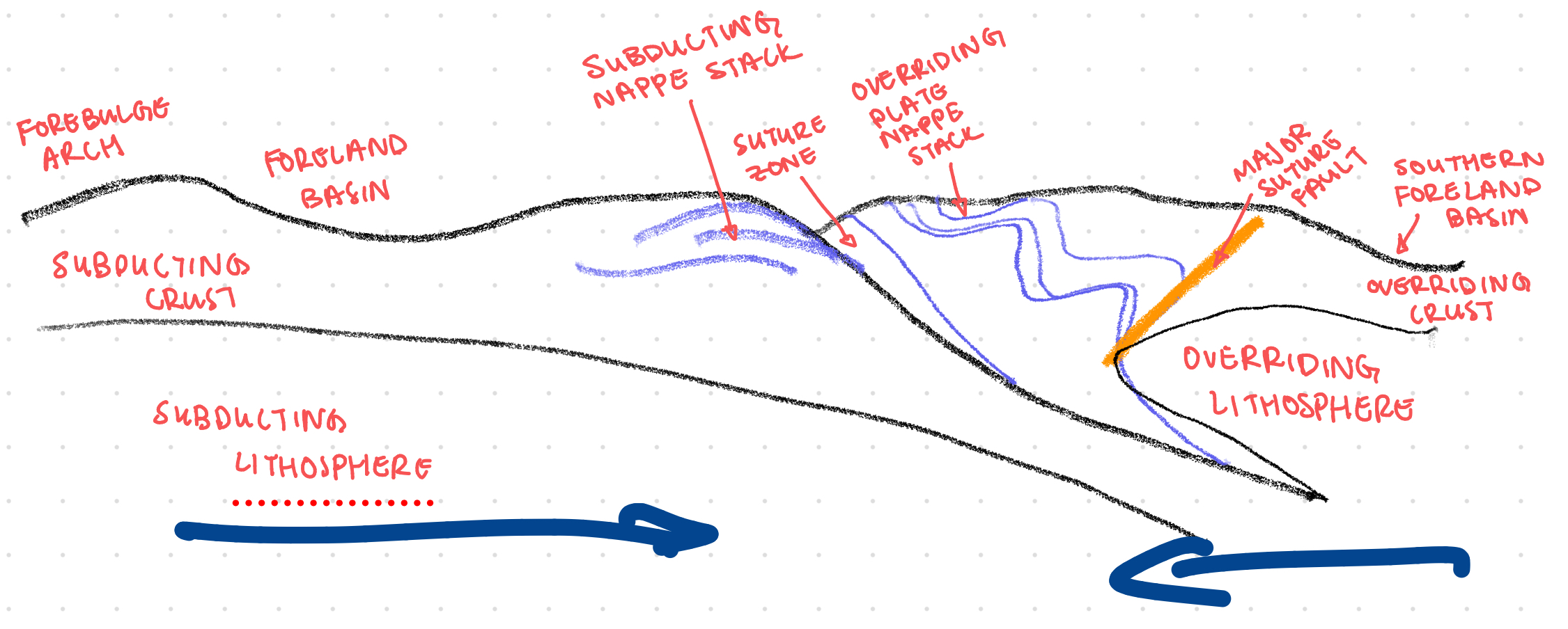 <p>Forebulge arch; foreland basin; subducting nappe stack; suture zone; overriding plate nappe stack; major suture fault; overriding foreland basin</p>