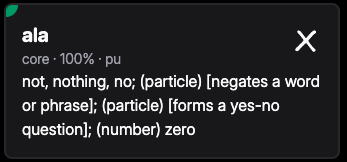 <p>Example 1: Mi moku <strong>ala</strong> e jan ante. I <strong>don’t</strong> eat other people.</p><p>Example 2: Sina moku <strong>ala</strong> moku e jan ante? Do you or <strong>do you not</strong> eat other people?</p>