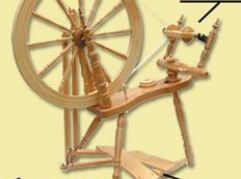 <p>traditional wheel, single slanted wooden bench, traditional has single treadle but more modern ones can have double treadle, flyer next to the wheel</p>