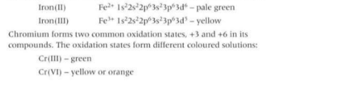<p>the colour of the solution is linked to the partially filled d-orbitals of the transition metals. The colour of a solution can vary with different oxidation states</p>