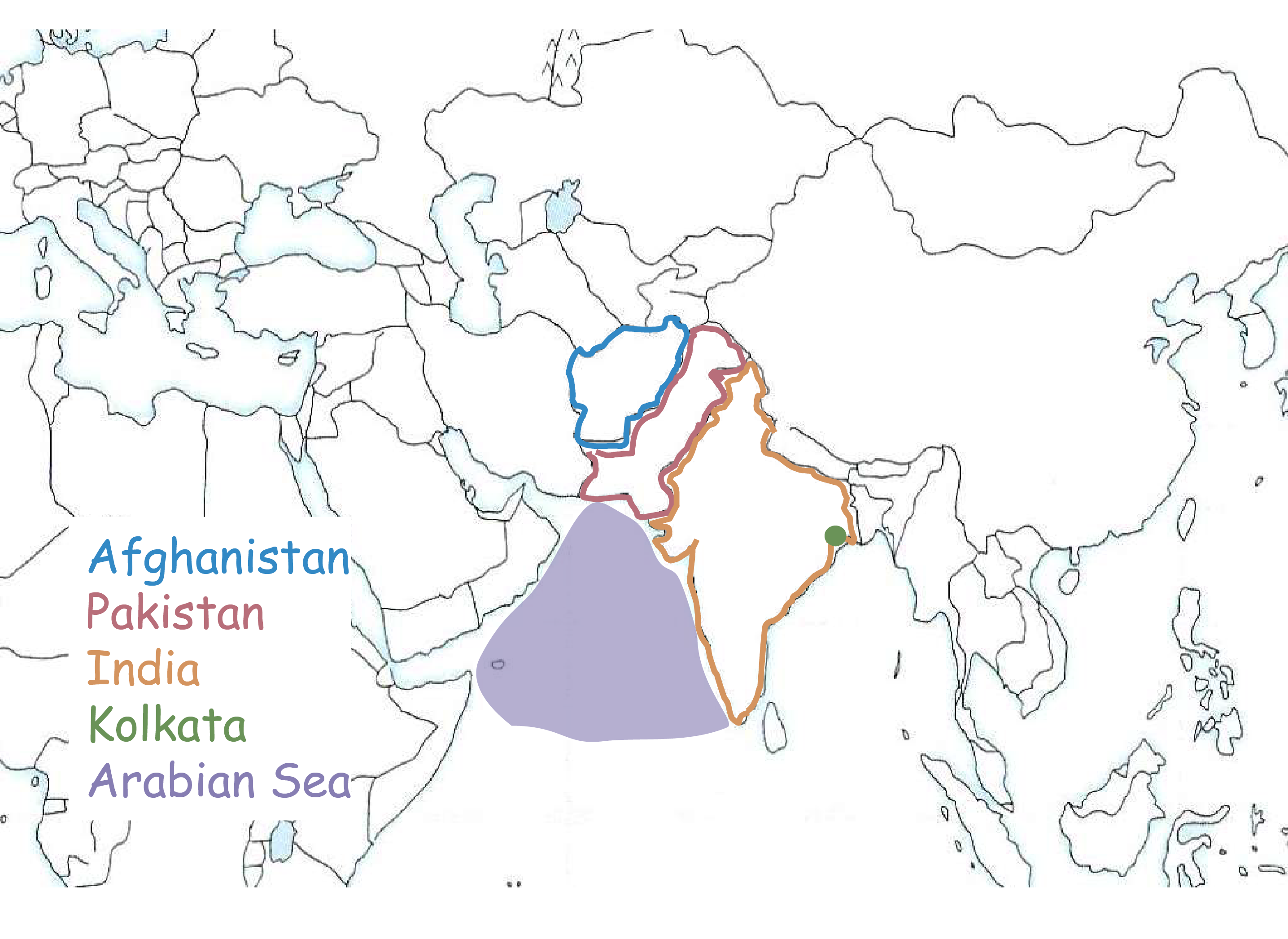 <p><mark data-color="blue" style="background-color: blue; color: inherit;">Afghanistan</mark></p><p><mark data-color="red" style="background-color: red; color: inherit;">Pakistan</mark></p><p><mark data-color="#ef9737" style="background-color: rgb(239, 151, 55); color: inherit;">India</mark></p><p><mark data-color="green" style="background-color: green; color: inherit;">Kolkata</mark></p><p><mark data-color="purple" style="background-color: purple; color: inherit;">Arabian Sea</mark></p>