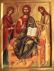 <p>This artwork reflects the symbolic and stylized qualities of Byzantine religious art. Which characteristic is MOST associated with Byzantine icons?</p>