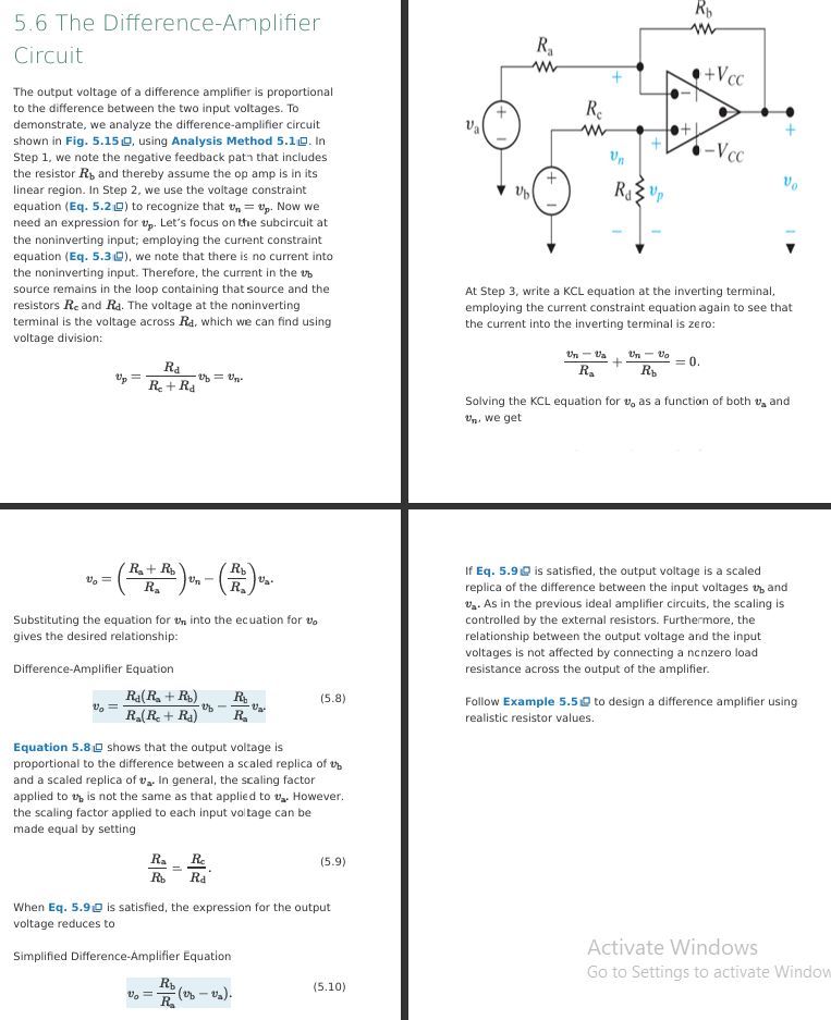 <ul><li><p>vo = Rb/Ra (vb - va)</p><ul><li><p>gain is Rb/Ra when Ra/Rb = Rc/Rd</p></li></ul></li></ul><p></p>