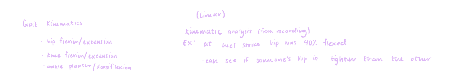 <p>true</p><p>kinematics is video, we can look at their max joint angle to describe them being 40% flexed in one hip compared to the other </p>