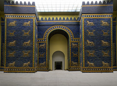 <p>A grand entrance to Babylon, constructed with blue glazed bricks around 570 BCE, commissioned by King Nebuchadnezzar II. In the Pergamon Museum.</p>