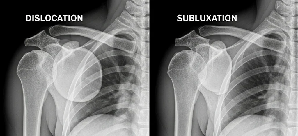 <p>Subluxation</p><ul><li><p><strong>partial</strong> displacement of articulating surfaces of joint</p></li><li><p>Some joint contact remaining </p></li></ul><p></p>