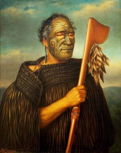 <p>A European-style oil painting of a Māori chief, using his facial tattoos (moko) and feathered cloak to broadcast his supreme status.</p>