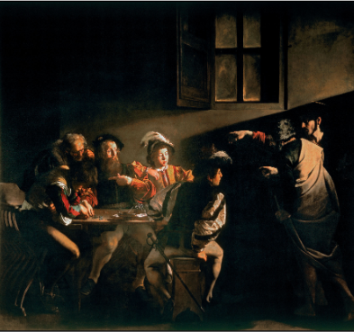 <p>Caravaggio 1599-1602,</p><p>-Jesus and the disciples are depicted in their own setting but rather an average French Taviorn and clothes </p><p>-The viewer witnesses a moment of decision and spiritual change;This aligns with Catholic Counter-Reformation goals of making faith more engaging.</p><p>Chiaroscuro-Strong contrast between light and dark</p><p>Tenebrism-even more extreme darkness and A spotlight-like effect on important figures</p>