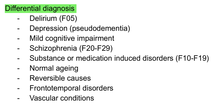 <p>Treatment and care</p><ul><li><p><strong>Treat reversible cause!</strong></p></li></ul><p>Start with non pharmacological treatment</p><p><u>Non pharmacological treatment</u> focusing on maintaining QoL.</p><ul><li><p>Orientation aids - routine, calendar, clock, pictures, notes</p></li><li><p>Regular exercise, nutritional support, safety interventions: restrictions on oven and doors, carpet</p></li><li><p>Social day care, environmental (quiet, well-lit room, calm clean)</p></li><li><p>Memory therapy</p></li><li><p>Psychomotor therapies - dance, drama, singing, sport, music art</p></li><li><p>Cognitive stimulation therapy</p></li></ul><p></p><p><u>Pharmacological treatment</u> when appropriate</p><ul><li><p>Dementia medication: <strong>Donzepil </strong>5-10mg x1, <strong>Rivastigmine </strong>6-12mg x2, <strong>Memantine </strong>20-30mg x1</p></li><li><p>Psychotic events: <strong>Olanzapine </strong>2.5mg (short term only)</p></li><li><p>Depression: <strong>Sertraline </strong>50mg/day</p></li></ul><p></p>