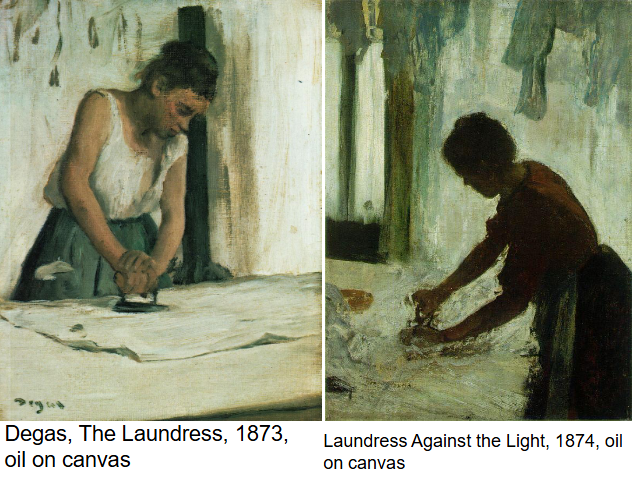 <p><strong>Identification:</strong></p><ul><li><p>Artist: Degas</p></li><li><p>Title: <em>Laundress Against the Light</em></p></li><li><p>Date: 1874</p></li><li><p>Movement: Impressionism</p></li></ul><p><strong>Historical Context:</strong></p><ul><li><p>Laundresses worked in <strong>harsh, exhausting conditions for low pay</strong>.</p></li><li><p>Their work was often discussed in relation to morality and social concerns</p></li></ul><p><strong>Style:</strong></p><ul><li><p>Light creates a glowing or halo-like effect around the figure.</p></li><li><p>Focus on gesture and posture rather than detail.</p></li></ul><p><strong>Themes:</strong></p><ul><li><p>Emphasizes <strong>physical strain and exhaustion</strong>.</p></li><li><p>Gives dignity and presence to working women.</p></li><li><p>Blurs line between realism and subtle idealization.</p></li></ul><p></p>