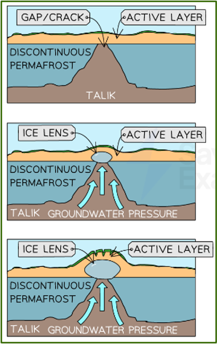 <p>In areas of discontinuous permafrost where groundwater is forced upward by pressure and then freezes. </p>