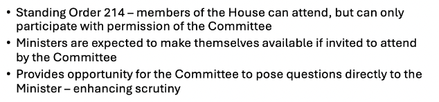 <p>can request that any person attend and give evidence to the committee [public, literally anyone]. </p><p>Ministers cannot be summoned only requested [not compellable], because they are only accountable to the HOR. But they can be helpful to the SC because they propose the legislation, allows SC to get Q's answered.<span>&nbsp; </span>To better fulfill purpose of getting better laws.</p>