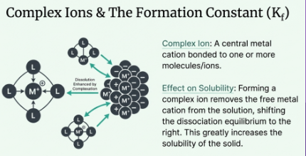<ul><li><p><span style="background-color: transparent;"><strong>Metal + Lewis base → Complex ion</strong></span></p></li><li><p><span style="background-color: transparent;">Some complexes <strong>react with water → acidic</strong></span></p></li><li><p><span style="background-color: transparent;"><strong>Kf</strong> = how strongly the complex forms</span></p></li><li><p><span style="background-color: transparent;"><strong>Overall solubility:</strong> Koverall = Ksp × Kf → forming a complex <strong>increases solubility</strong></span></p></li></ul><p></p>