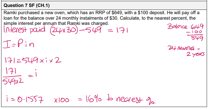 <ol><li><p>Subtract the deposit from the balance (in this case: RRP)</p></li><li><p>Multiply the instalments together (quantity X $amount), in this case: 24 X 30</p></li><li><p>That will be your interest (I). </p></li><li><p>From the instalments, determine what the “t” or “n” amount will be (in this case, 24 months = 2 years. t or n = 2)</p></li><li><p>Substitute the values in the equation </p></li><li><p>Solve for the unknown value</p></li><li><p>Once solved, multiply by 100</p></li></ol><p></p>