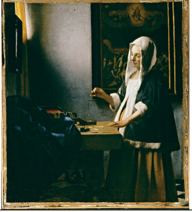 <p>Johannes Vermeer 1664,</p><p>-realism, Chiaroscuro, Fine detail and texture</p><p>-The use of everyday scenes to express moral and spiritual ideas</p><p>-small symbolization thought the painting to the judgment of the water pilfer and the last judgment behind her head. </p>