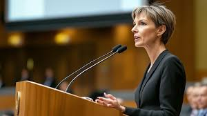 <p>The woman is making/delivering a speech.</p>