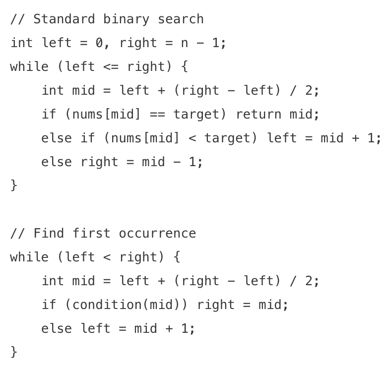<ul><li><p>adaps binary search to handle rotated arrays, finding boundaries, or searching for conditions rather than exact values</p></li><li><p>when to use</p><ul><li><p>searching in rotated sorted arrays</p></li><li><p>finding first/last occurrence of element</p></li><li><p>finding minimum/maximum satisfying a condition</p></li><li><p>peak finding problems</p></li></ul></li></ul><img src="https://assets.knowt.com/user-attachments/2dd9cf0e-1565-4394-9d5a-55dab2f47286.png" data-width="100%" data-align="center"><p></p>