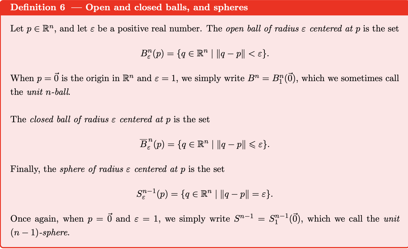 <p>Open/Closed Balls, and Spheres Definitions</p>