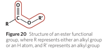 <p><span style="background-color: inherit; line-height: 20.7px; color: windowtext;">Organic compounds that contain an ester functional group (−COO−)</span><span style="line-height: 20.7px; color: windowtext;">&nbsp;</span></p><ul><li><p class="Paragraph SCXO195095724 BCX0" style="text-align: left;"><span style="background-color: inherit; line-height: 20.7px; color: windowtext;">This functional group is found within the carbon chain</span><span style="line-height: 20.7px; color: windowtext;">&nbsp;</span></p></li><li><p class="Paragraph SCXO195095724 BCX0" style="text-align: left;"><span style="background-color: inherit; line-height: 20.7px; color: windowtext;">One carbon atom in the ester group is linked to one oxygen atom through a double bond (a carbonyl) and to another oxygen atom through a single bond --> the oxygen atom is then itself bonded to an alkyl group</span><span style="line-height: 20.7px; color: windowtext;">&nbsp;</span></p></li><li><p class="Paragraph SCXO195095724 BCX0" style="text-align: left;"><span style="background-color: inherit; line-height: 19.55px; color: windowtext;">General formula <strong>R-COO-R<sup>’</sup></strong></span><span style="line-height: 19.55px; color: windowtext;">&nbsp;</span></p></li></ul><p class="Paragraph SCXO195095724 BCX0" style="text-align: left;"><span style="line-height: 20.7px; color: windowtext;">&nbsp;</span></p><ul><li><p class="Paragraph SCXO195095724 BCX0" style="text-align: left;"><span style="background-color: inherit; line-height: 19.55px; color: windowtext;">The low molecular mass esters tend to have pleasant, sweet, fruity odours, found in many flowers and fruits</span><span style="line-height: 19.55px; color: windowtext;">&nbsp;</span></p></li><li><p class="Paragraph SCXO195095724 BCX0" style="text-align: left;"><span style="background-color: inherit; line-height: 19.55px; color: windowtext;">Esters are used as artificial flavourings, solvents, in paints and lacquers, perfumes and cosmetics</span><span style="line-height: 19.55px; color: windowtext;">&nbsp;</span></p></li></ul><p></p>