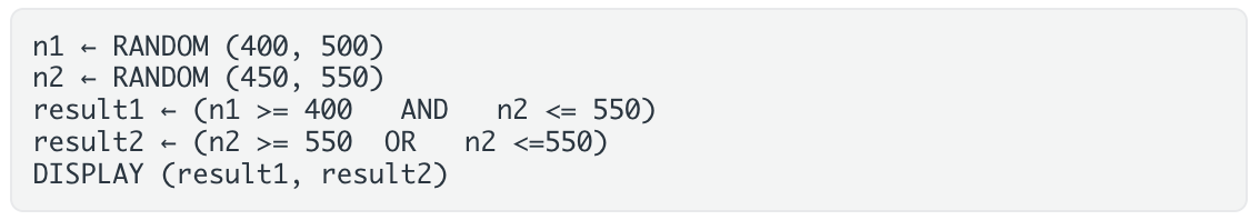 <p>Consider the code segment below. What is the output of the program? </p><p>A. false, false</p><p>B. true, true</p><p>C. true, false</p><p>D. false, true</p>