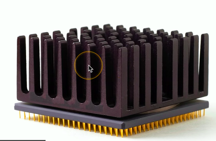 <ul><li><p>Dissipates heat via <strong>metal fins</strong></p></li><li><p>Increases surface area for cooling</p></li><li><p>Made of aluminum or copper</p></li></ul><p></p>