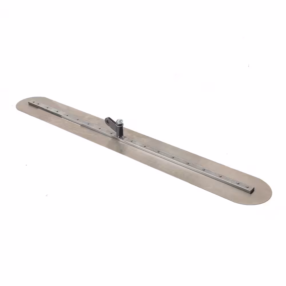 <p>Large steel finishing trowel with detachable handle and curved ends used to smooth and level concrete surfaces.</p>