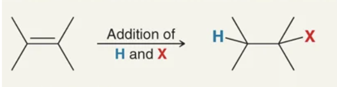 <p>addition of H-X</p><p>(X is halogen)</p>