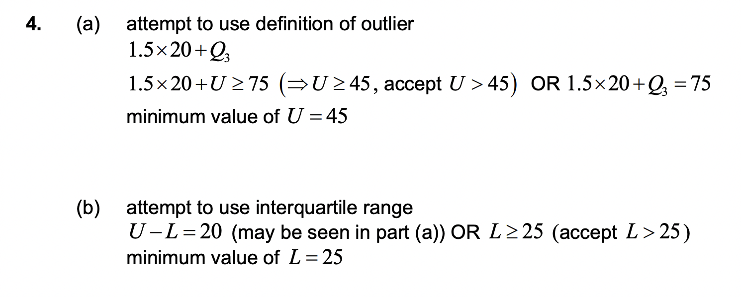 <p>you can use outlier formula because it says there are no outliers which means outlier formula HAS to equal the biggest or smallest number (75) </p><p></p>