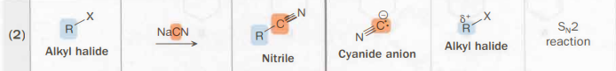 <ul><li><p>NaCN</p></li><li><p>S<sub>N</sub>2</p></li><li><p>carbon skeleton-altering</p></li></ul><p></p>