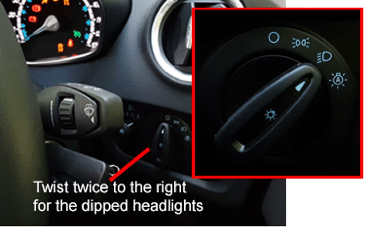 <p>Operate the control to switch on the dipped headlights.</p>
