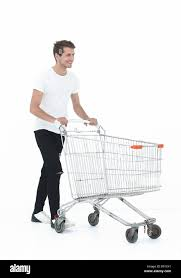<p>The man is pushing a cart.</p>